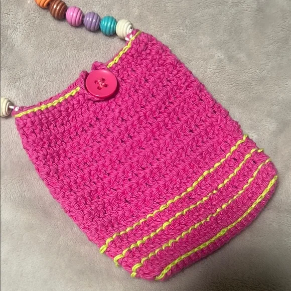 Handmade Colorful Beaded Pink Crochet Bag - Picture 2 of 3